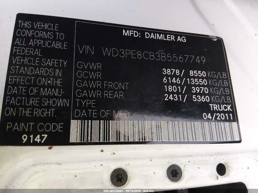 MERCEDES-BENZ SPRINTER 2500 2011 VIN WD3PE8CB3B5567749