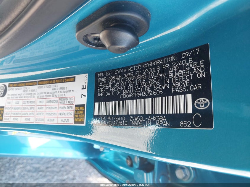 TOYOTA PRIUS PRIME 2017 VIN JTDKARFP6H3050605