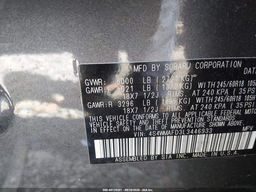 SUBARU ASCENSO 2020 VIN 4S4WMAFD3L3446933