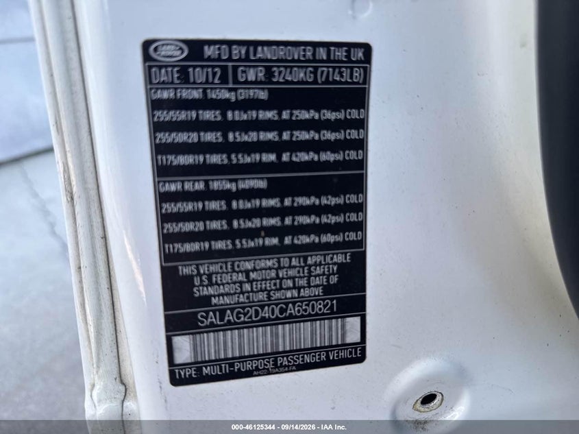 LAND-ROVER LR4 2012 VIN SALAG2D40CA650821