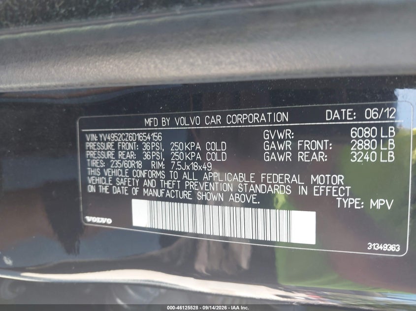 VOLVO XC90 2013 VIN YV4952CZ6D1654156