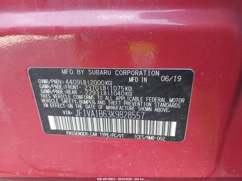 SUBARU WRX 2019 VIN JF1VA1B63K9828557
