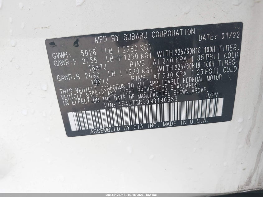 SUBARU OUTBACK 2022 VIN 4S4BTGND9N3190659