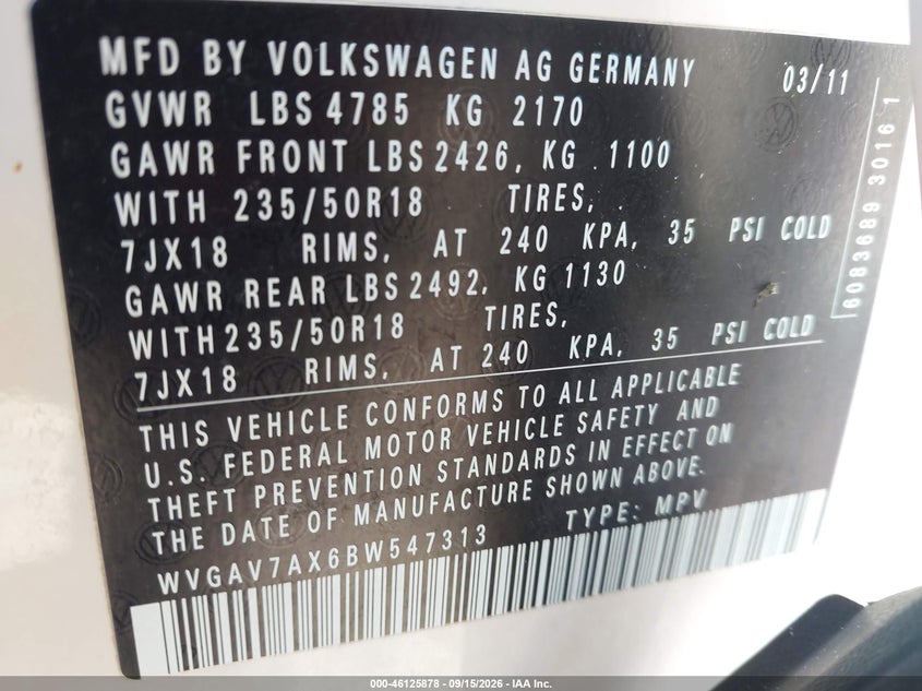 VOLKSWAGEN TIGUAN 2011 VIN WVGAV7AX6BW547313