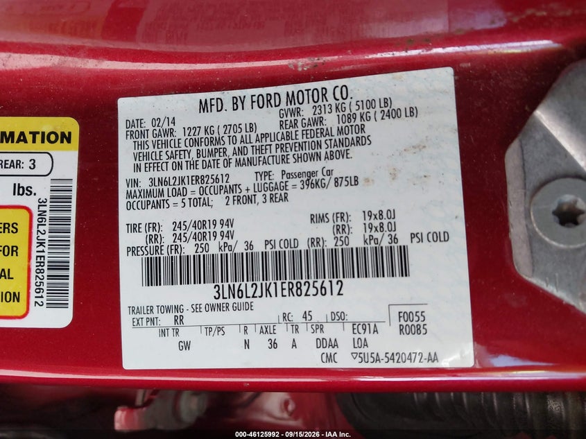 LINCOLN MKZ 2014 VIN 3LN6L2JK1ER825612