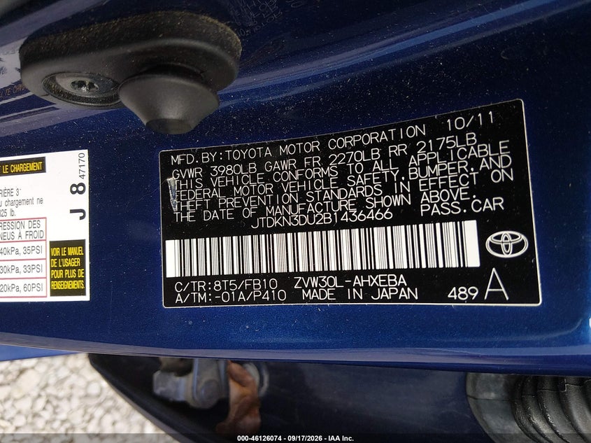 TOYOTA PRIUS 2011 VIN JTDKN3DU2B1436466