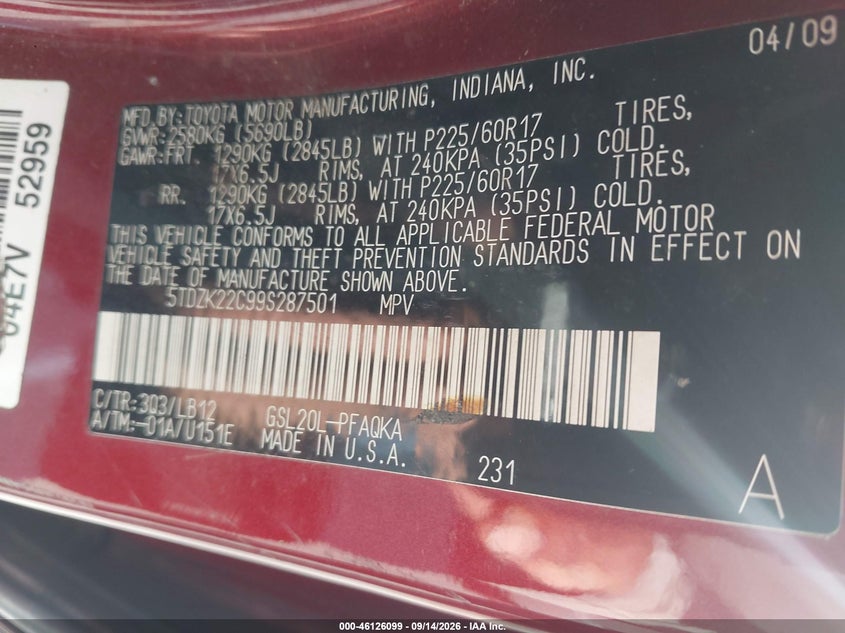 TOYOTA SIENNA 2009 VIN 5TDZK22C99S287501