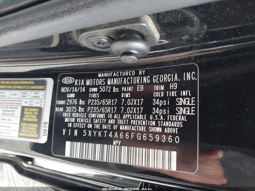 KIA SORENTO 2015 VIN 5XYKT4A66FG659360