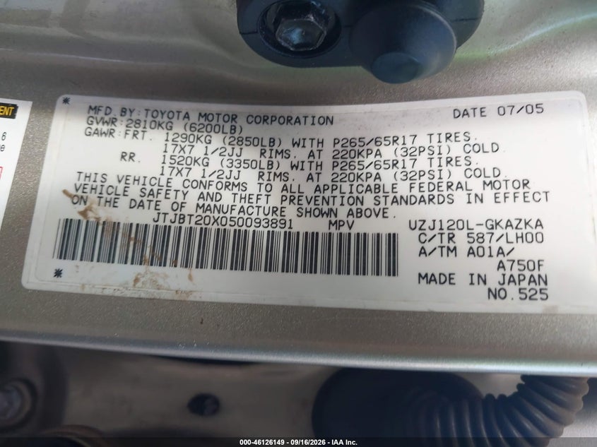 LEXUS GX 470 2005 VIN JTJBT20X050093891