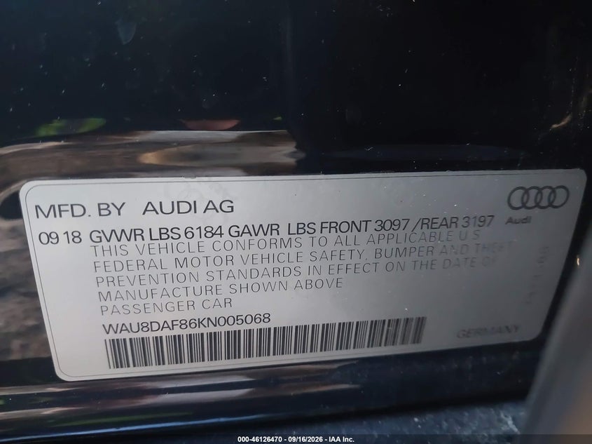 AUDI A8 L 2019 VIN WAU8DAF86KN005068