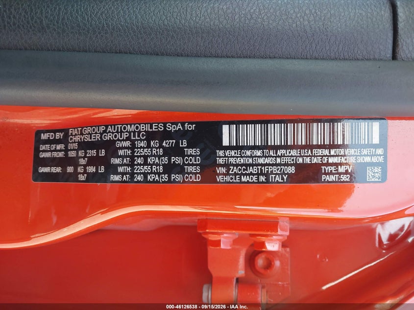 JEEP RENEGADE 2015 VIN ZACCJABT1FPB27088
