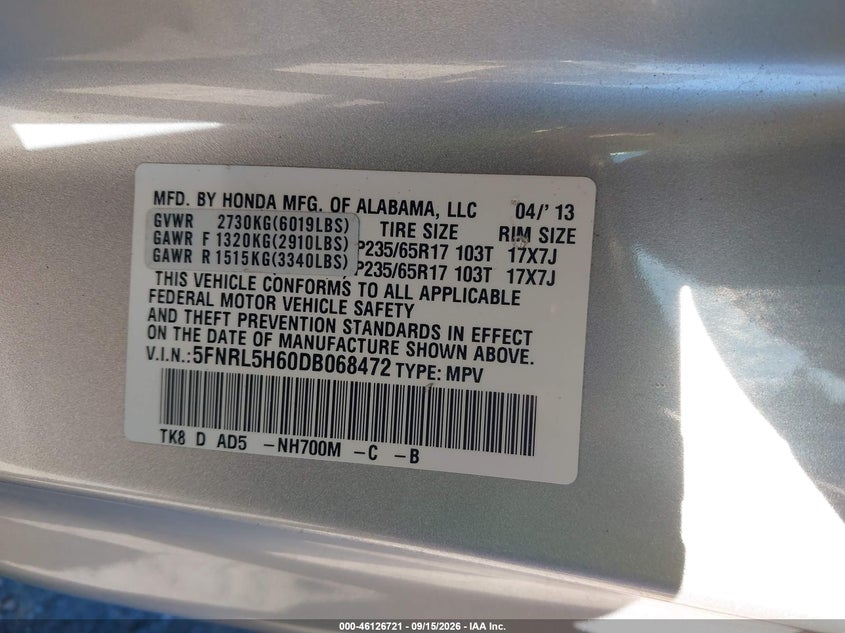HONDA ODYSSEY 2013 VIN 5FNRL5H60DB068472