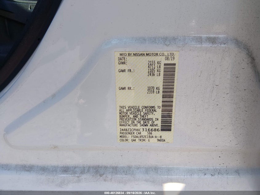 NISSAN LEAF 2019 VIN 1N4BZ1CPXKC316686