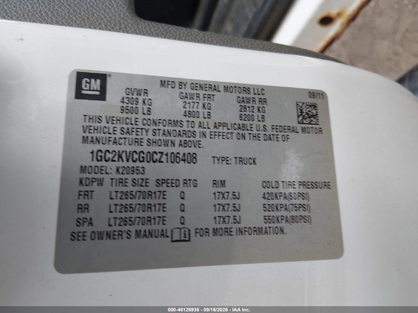 CHEVROLET SILVERADO 2500HD 2012 VIN 1GC2KVCG0CZ106408