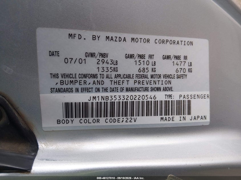 MAZDA MX-5 MIATA 2002 VIN JM1NB353320220546