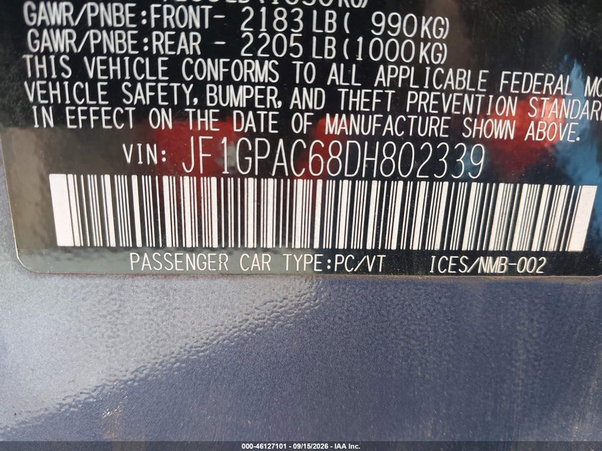 SUBARU IMPREZA 2013 VIN JF1GPAC68DH802339