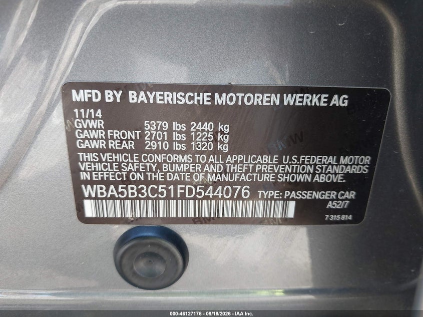 BMW 535I 2015 VIN WBA5B3C51FD544076