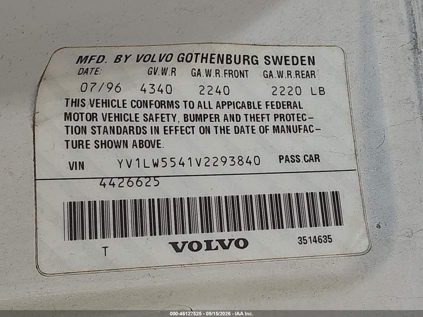 VOLVO 850 1997 VIN YV1LW5541V2293840