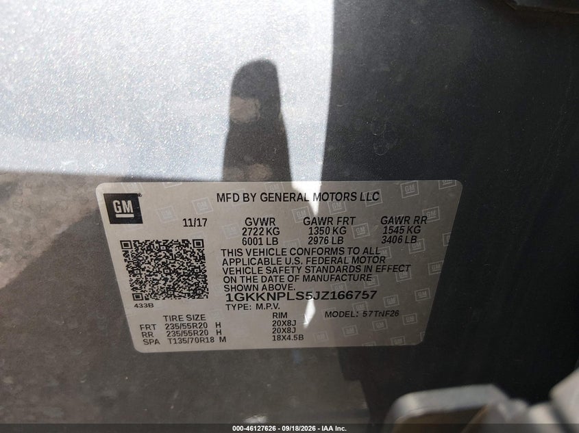 GMC ACADIA 2018 VIN 1GKKNPLS5JZ166757