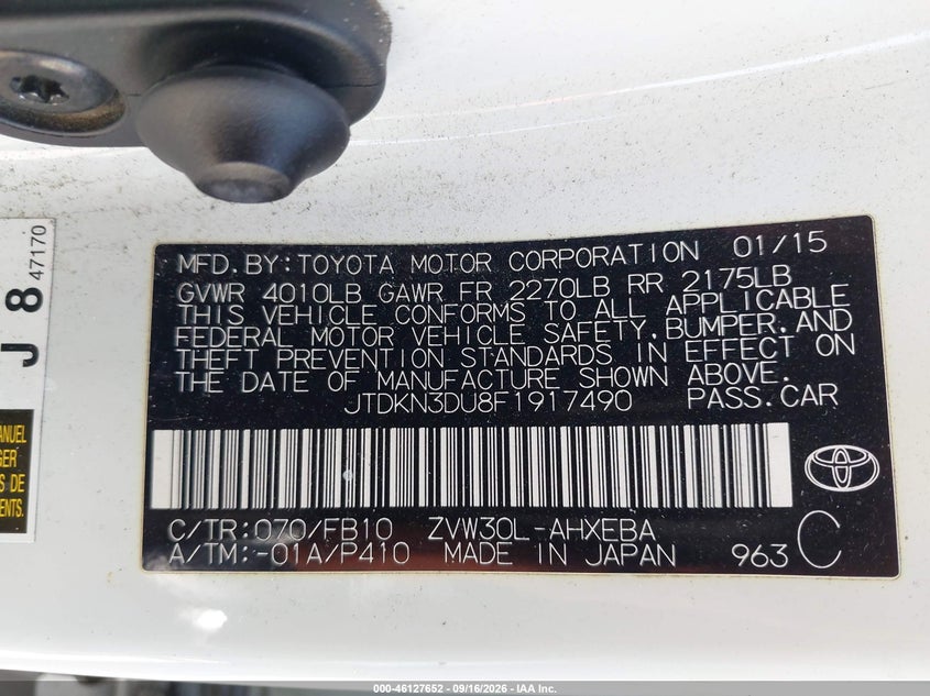 TOYOTA PRIUS 2015 VIN JTDKN3DU8F1917490