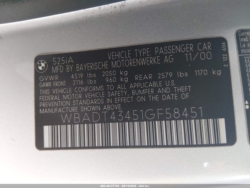 BMW 525IA 2001 VIN WBADT43451GF58451