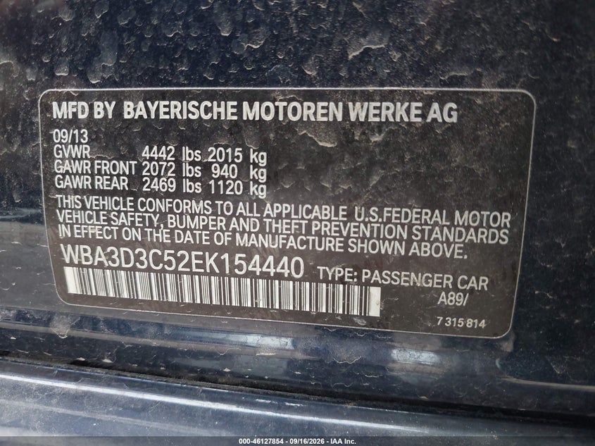 BMW 328D 2014 VIN WBA3D3C52EK154440