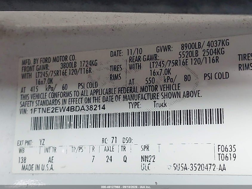 Vin: 1ftne2ew4bda38214, lot: 46627688, ford e-250 commercial 20114