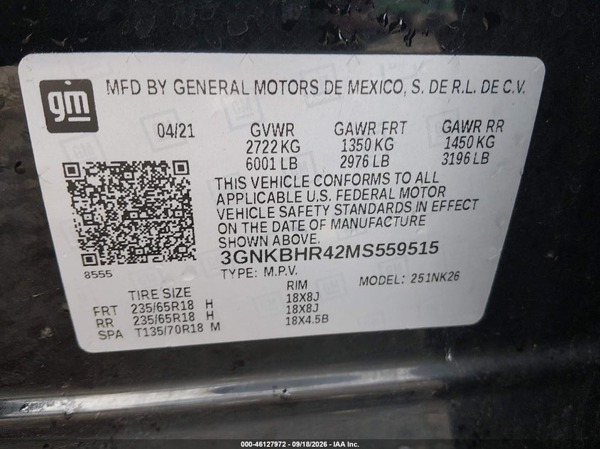 CHEVROLET BLAZER 2021 VIN 3GNKBHR42MS559515