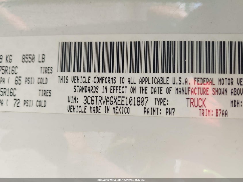 RAM PROMASTER 1500 2014 VIN 3C6TRVAGXEE101807