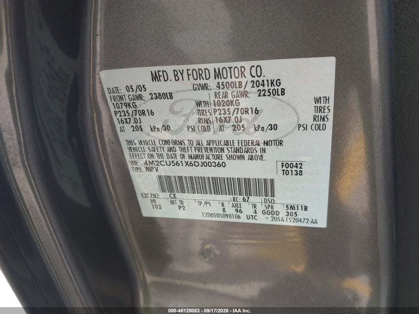 MERCURY MARINER 2006 VIN 4M2CU561X6DJ00360