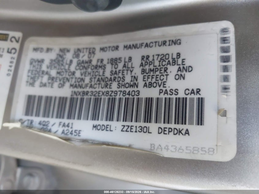 TOYOTA COROLLA 2008 VIN 1NXBR32EX8Z978403