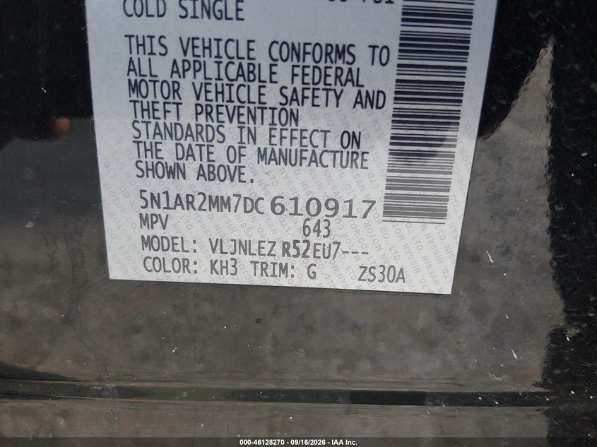 NISSAN PATHFINDER 2013 VIN 5N1AR2MM7DC610917