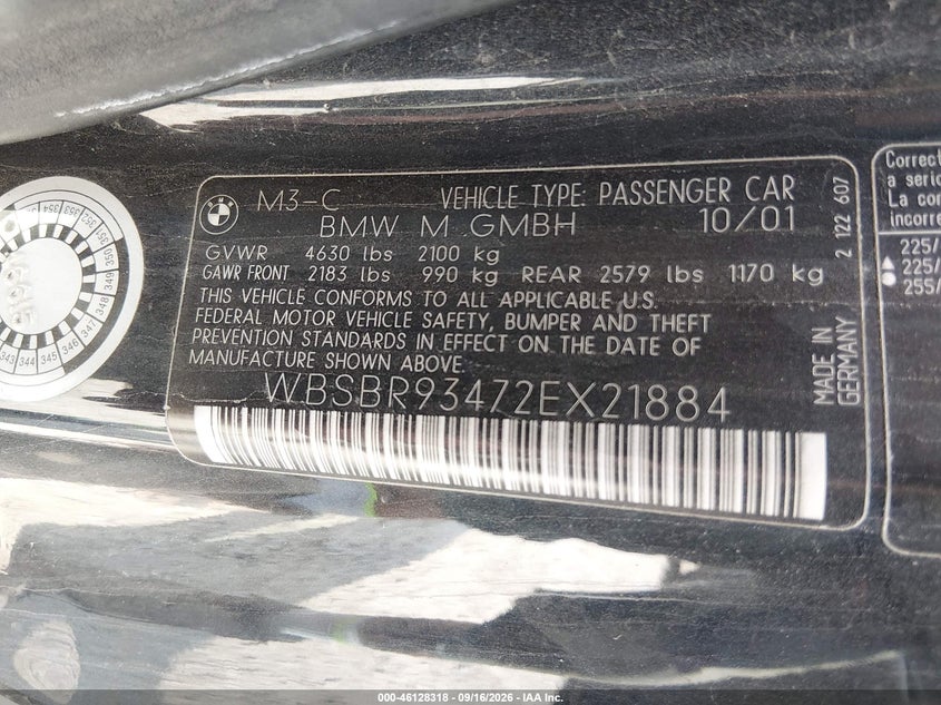 BMW M3 2002 VIN WBSBR93472EX21884