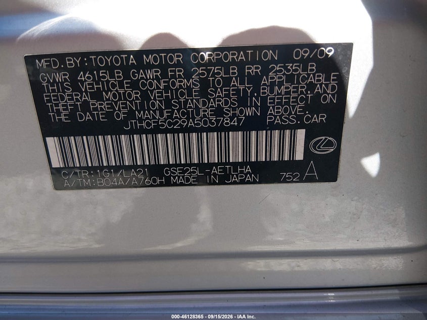 LEXUS IS 250 2010 VIN JTHCF5C29A5037847
