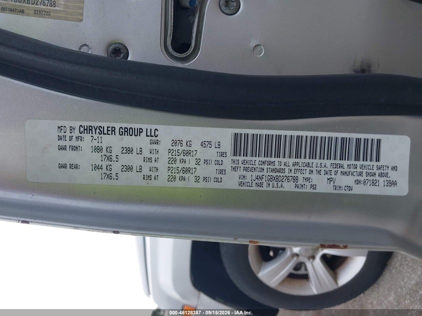 JEEP PATRIOT 2011 VIN 1J4NF1GBXBD276788