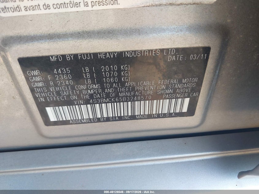SUBARU LEGACY 2011 VIN 4S3BMCK65B3248570