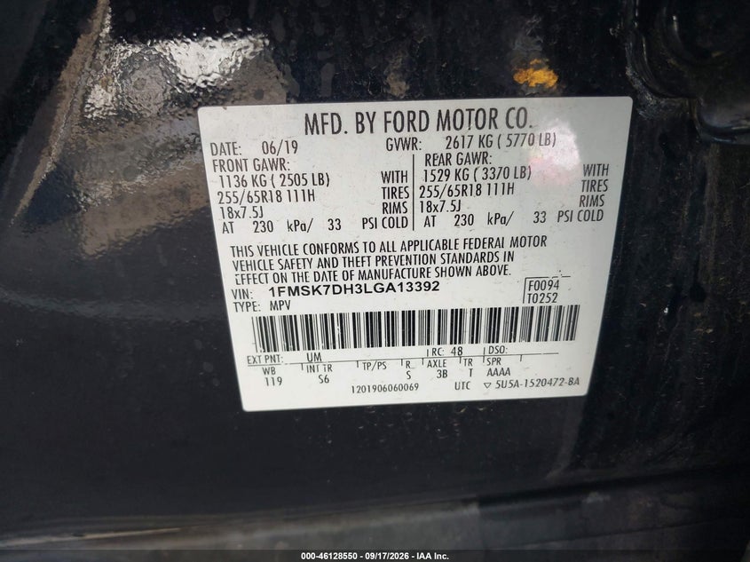 FORD EXPLORER 2020 VIN 1FMSK7DH3LGA13392