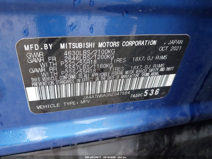 MITSUBISHI ECLIPSE CROSS 2022 VIN JA4ATWAA0NZ047564