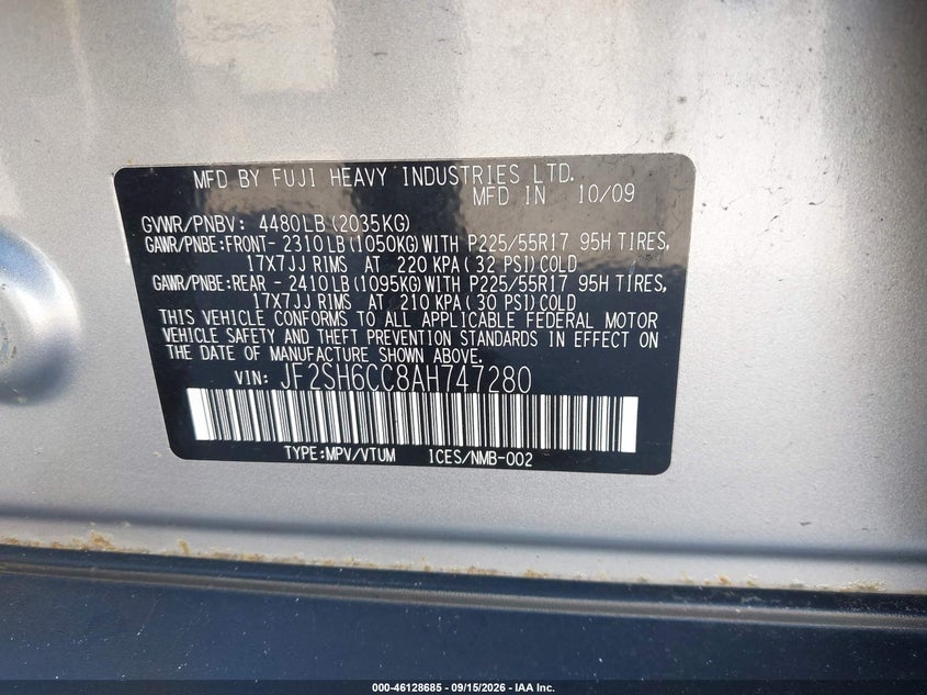 SUBARU FORESTER 2010 VIN JF2SH6CC8AH747280