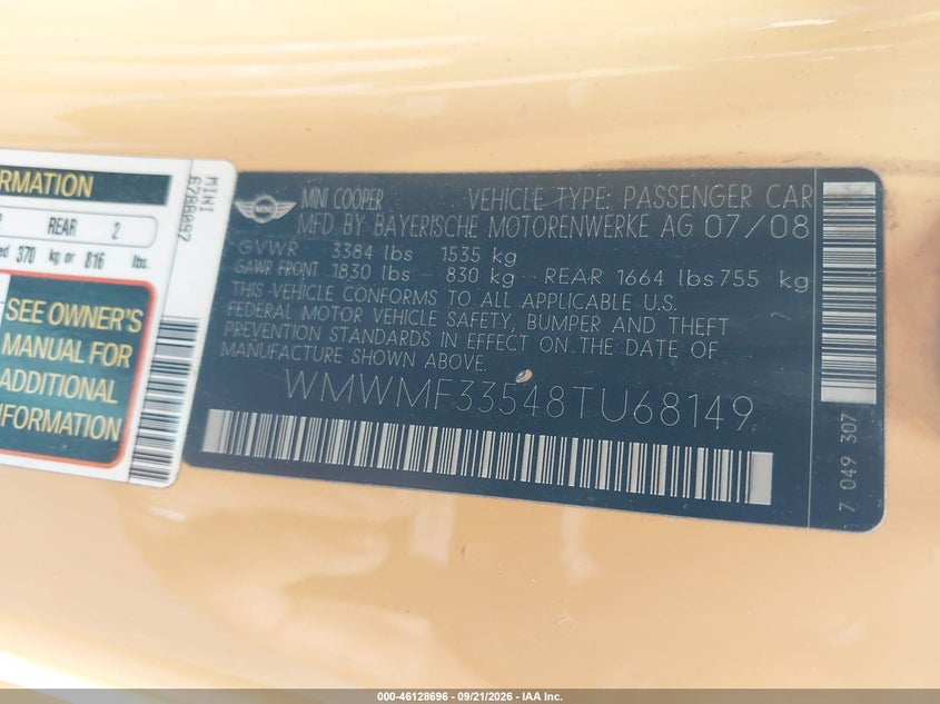 MINI COOPER 2008 VIN WMWMF33548TU68149
