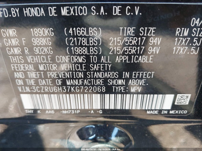 HONDA HR-V 2019 VIN 3CZRU6H37KG722068