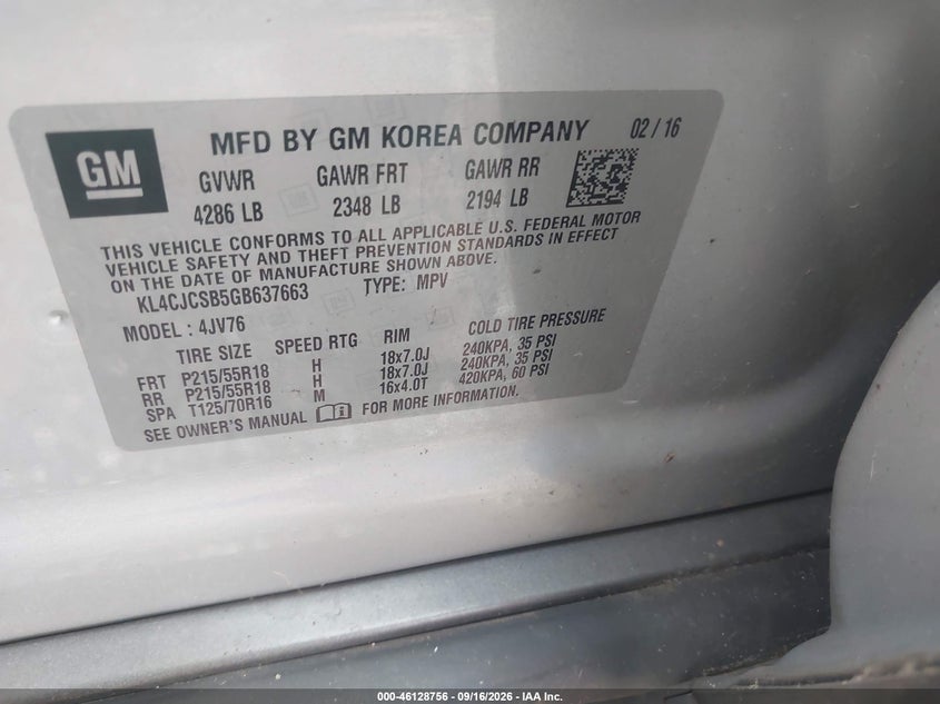 BUICK ENCORE 2016 VIN KL4CJCSB5GB637663