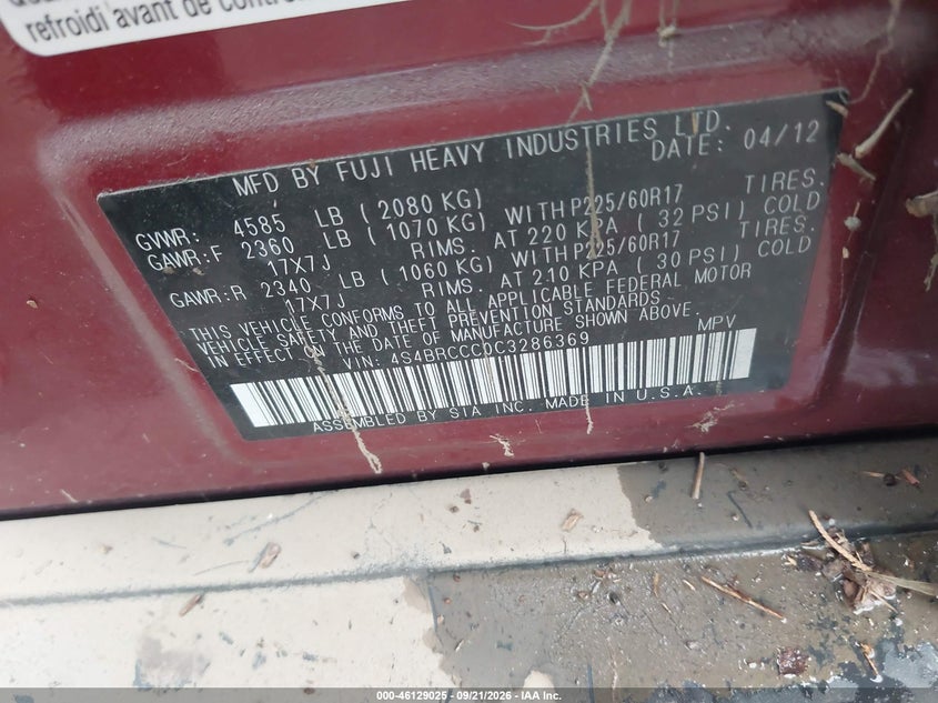 SUBARU OUTBACK 2012 VIN 4S4BRCCC0C3286369