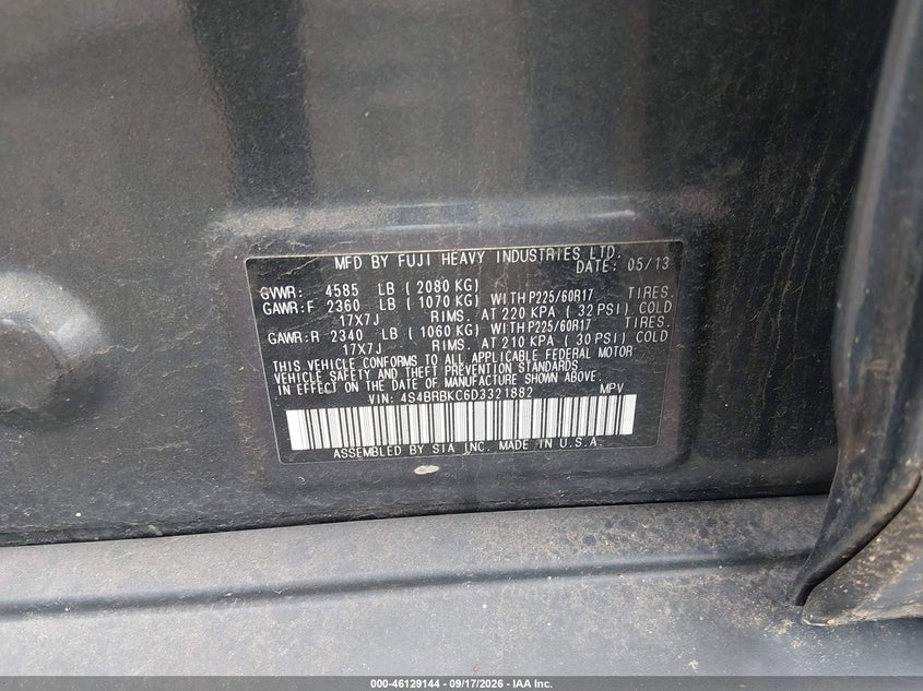 SUBARU OUTBACK 2013 VIN 4S4BRBKC6D3321882
