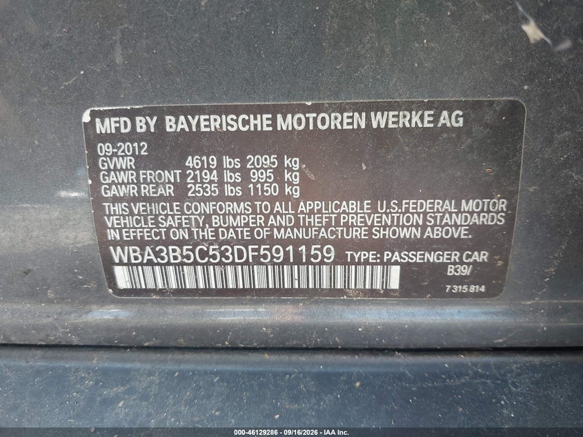 BMW 328I 2013 VIN WBA3B5C53DF591159