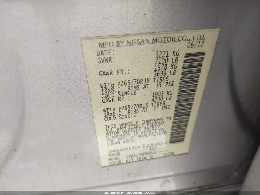 NISSAN TITAN 2012 VIN 1N6AA0EK3CN325404
