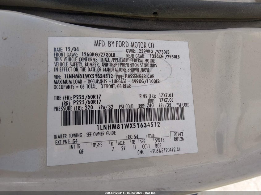 LINCOLN TOWN CAR 2005 VIN 1LNHM81WX5Y634512