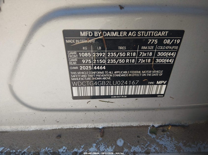 MERCEDES-BENZ GLA 250 2020 VIN WDCTG4GB2LU024167