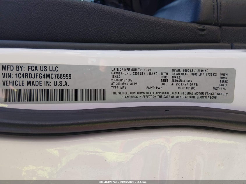 DODGE DURANGO 2021 VIN 1C4RDJFG4MC788999