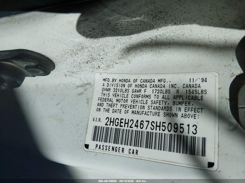 HONDA CIVIC 1995 VIN 2HGEH2467SH509513